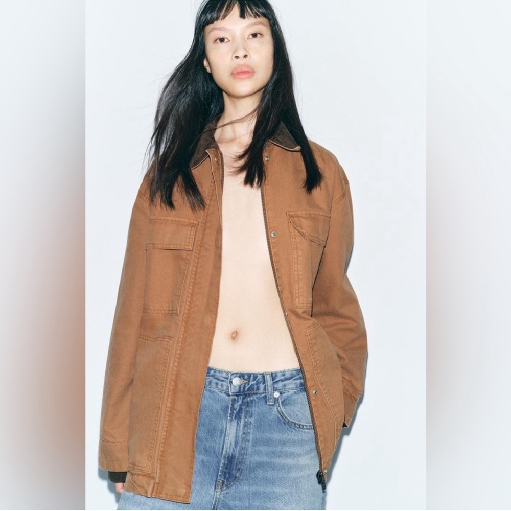 Zara ZW Contrast Collar Padded Oversized Jacket in Caramel Gorpcore NWT L - Picture 4 of 16